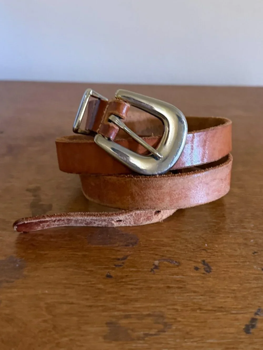 Vintage Brown Leather Belt with Silver Buckle (women's size M)
